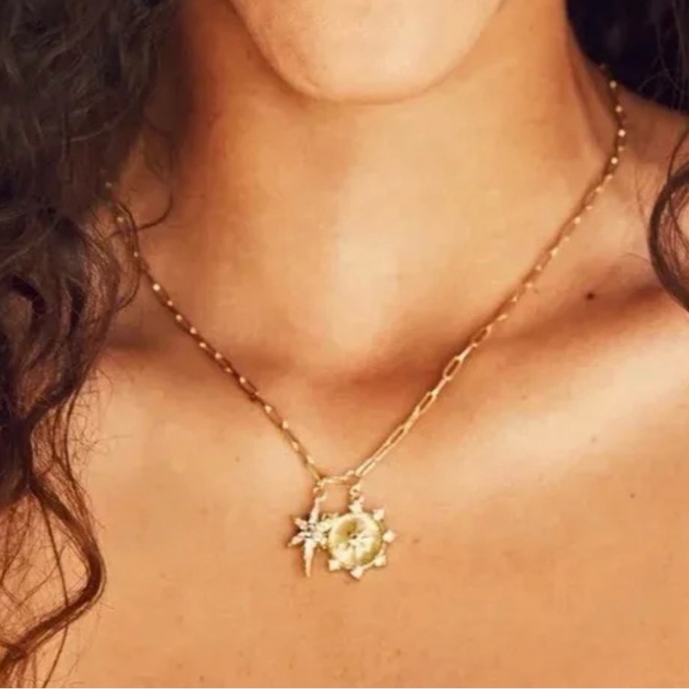 Jennifer Miller Starburst Charm Necklace 14k Gold Plated Paper Clip Chain NWT